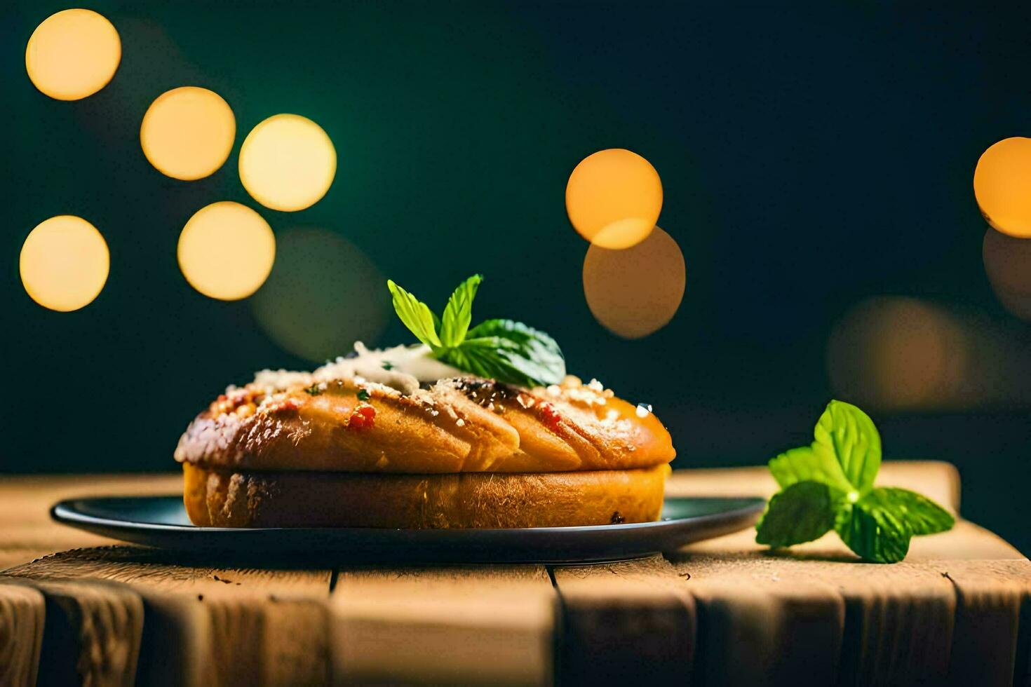 a pastry on a plate with a green leaf on top. AI-Generated photo