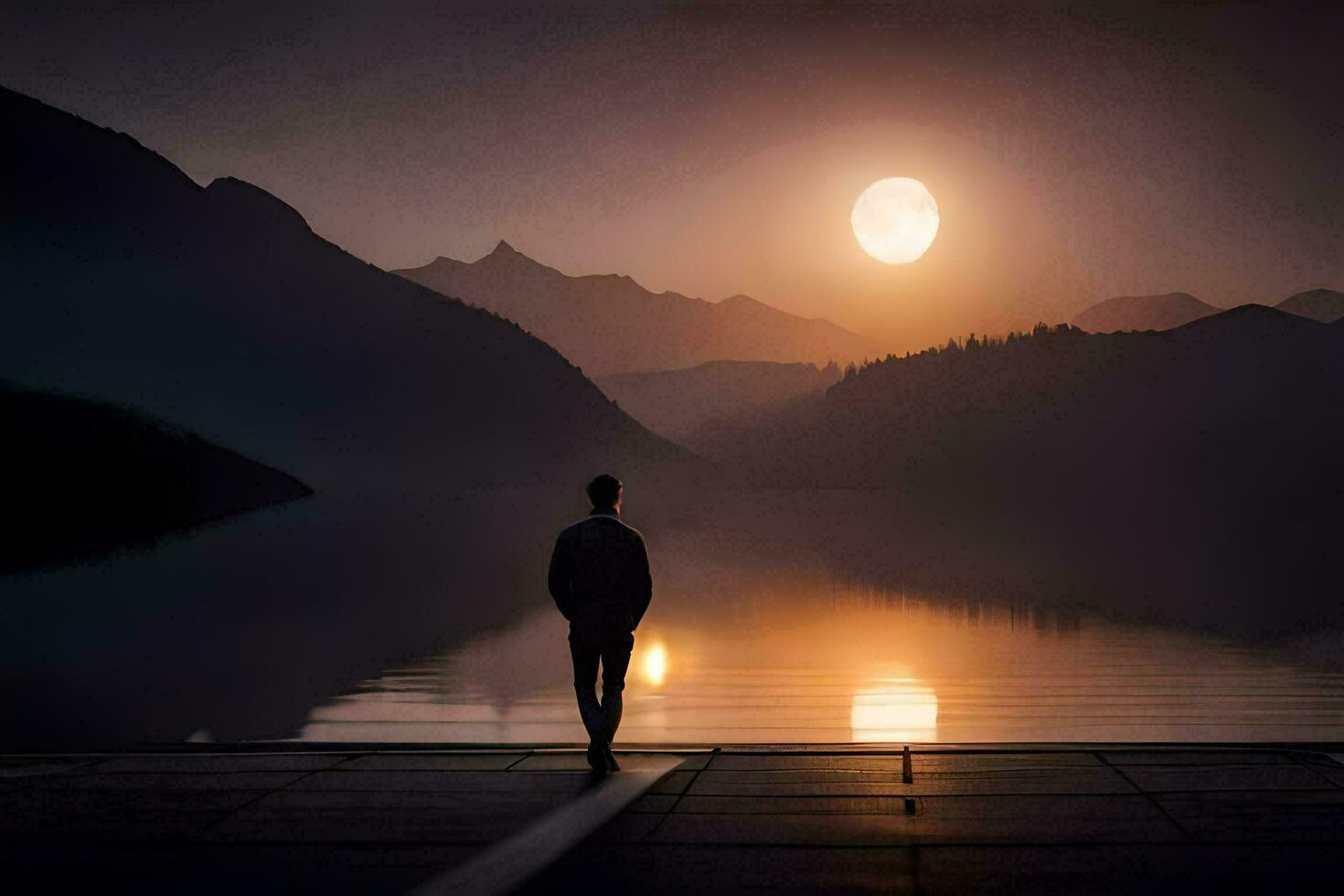 a man standing on a dock looking at the sun. AI-Generated photo