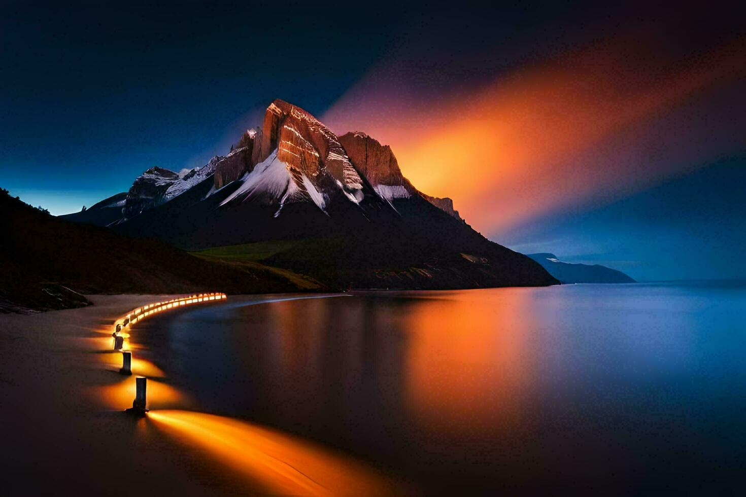 a long line of lights on the beach at night. AI-Generated photo