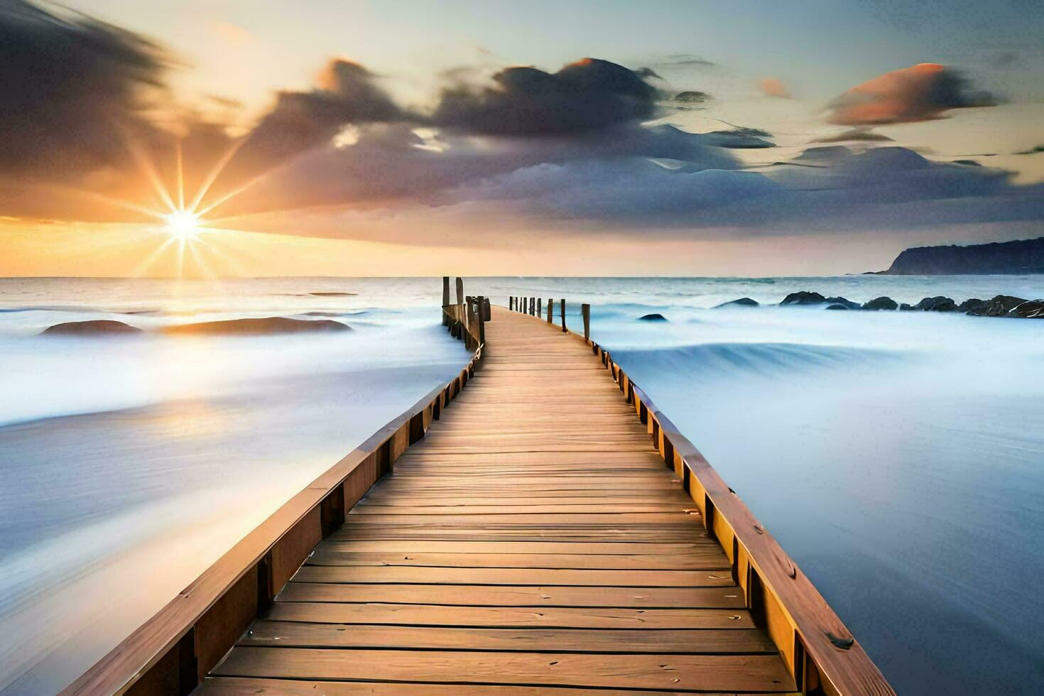 the sun rises over the ocean and the wooden boardwalk leads to the water. AI-Generated photo