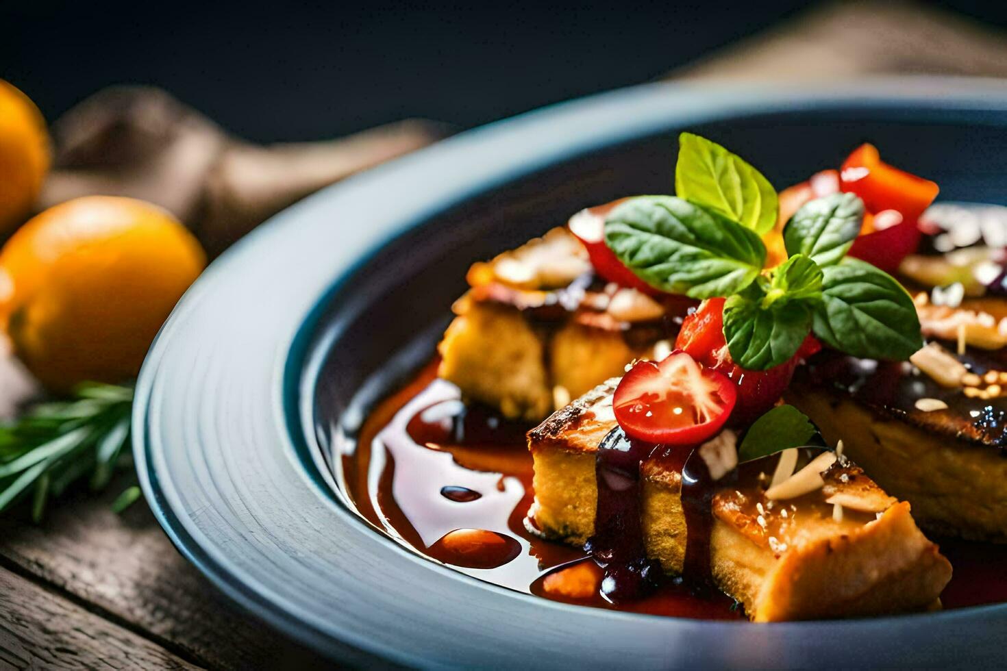 a plate of food with a slice of bread and sauce. AI-Generated photo
