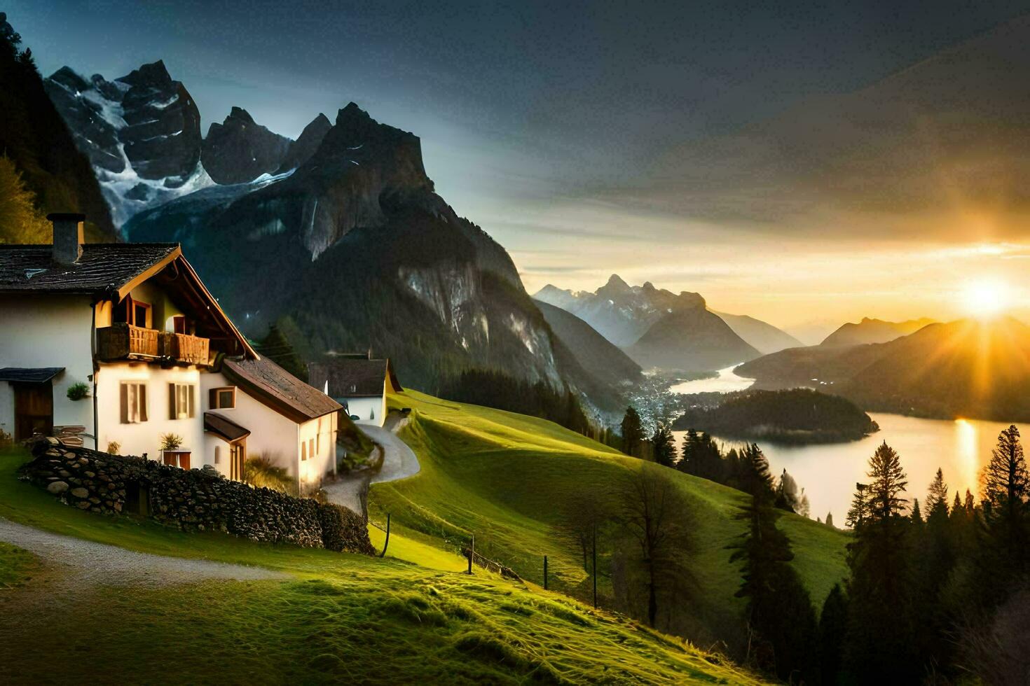 the sun rises over the mountains and the house in the foreground. AI-Generated photo