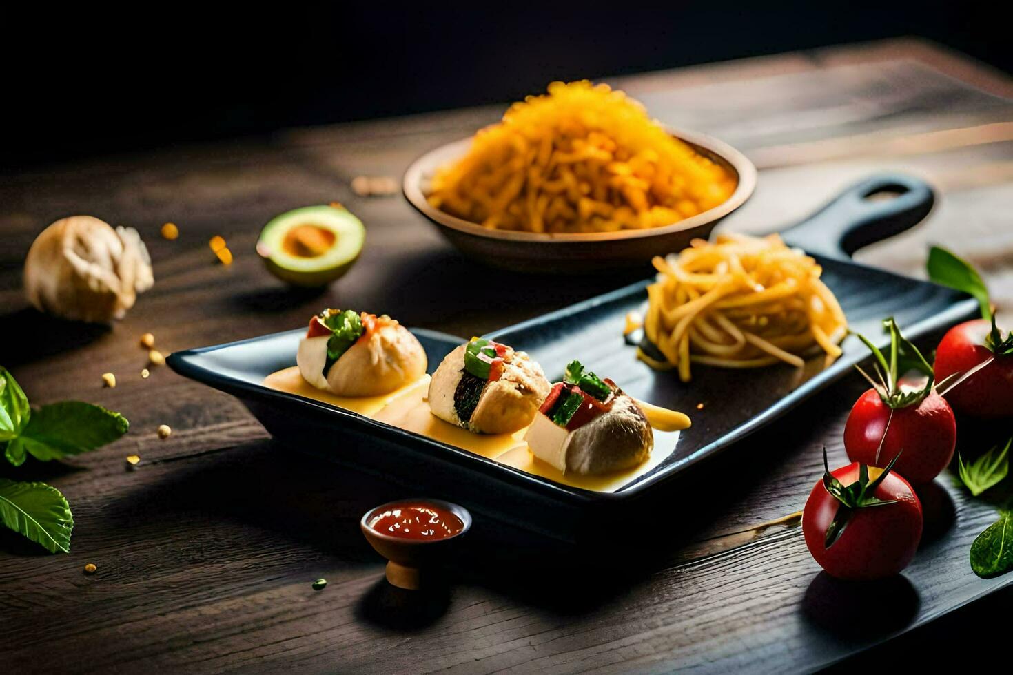 comida en un de madera mesa. generado por ai foto