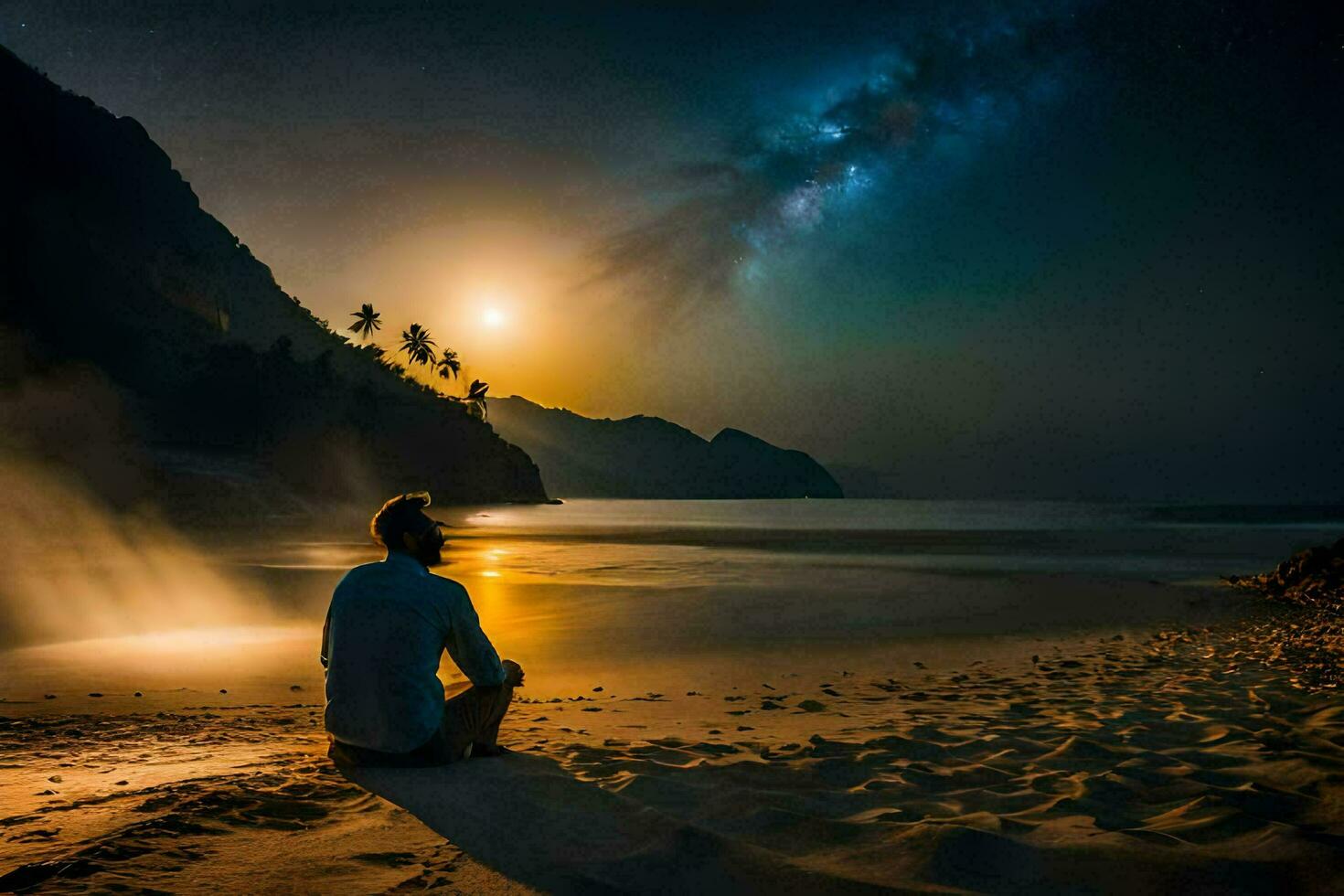 hombre meditando en el playa a noche. generado por ai foto