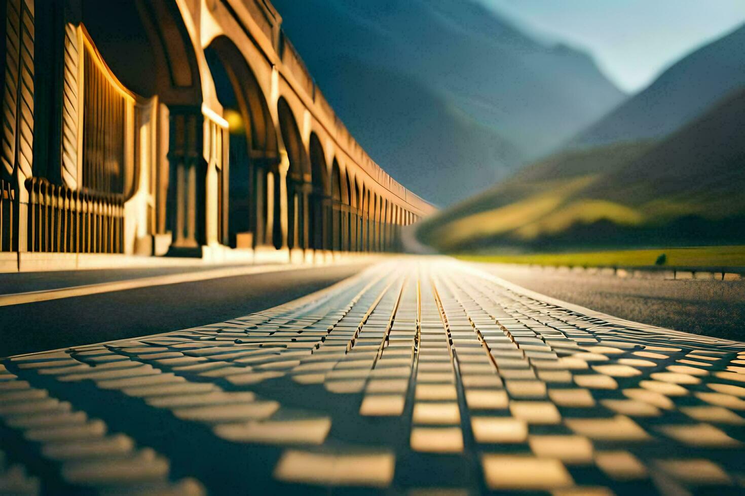 a long road with a bridge in the background. AI-Generated photo