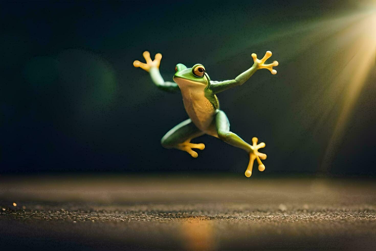 a frog jumping in the air with its legs spread. AI-Generated photo
