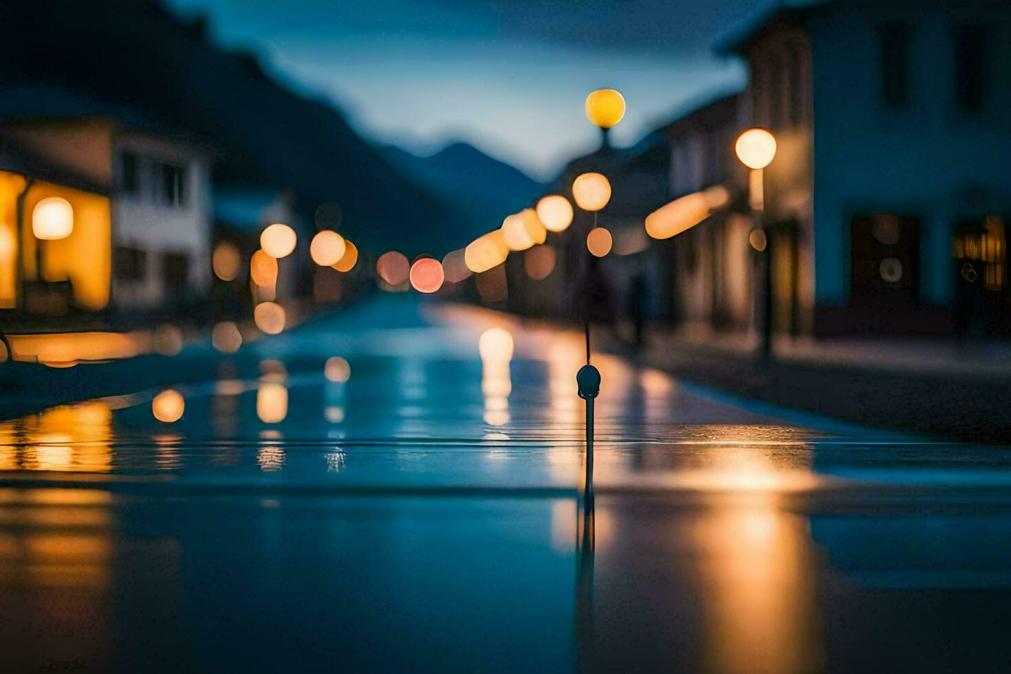 a street at night with lights on the street. AI-Generated photo