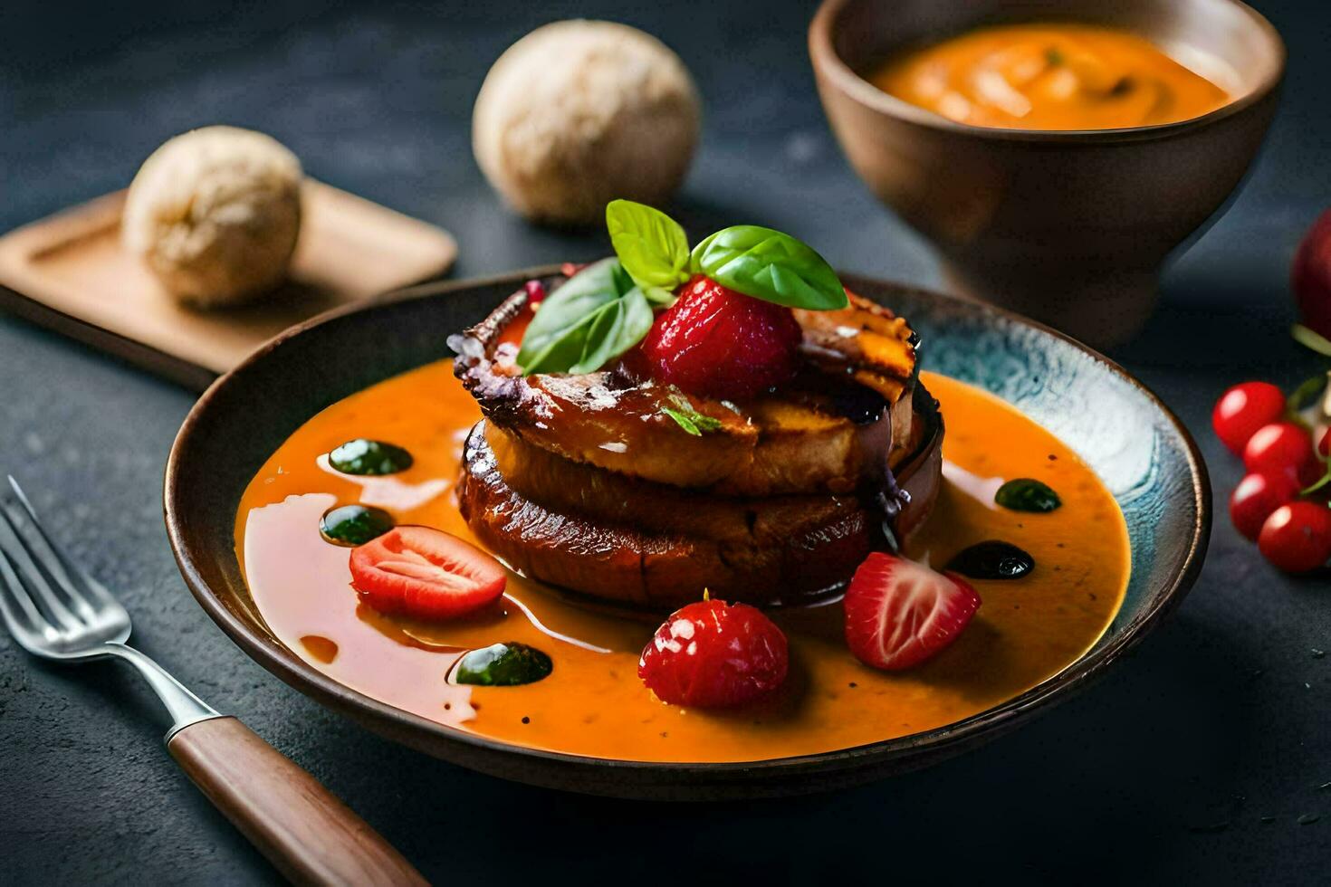 a plate of food with strawberries and sauce. AI-Generated photo