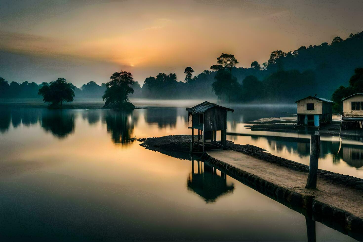 a lake with houses on the shore at sunrise. AI-Generated photo