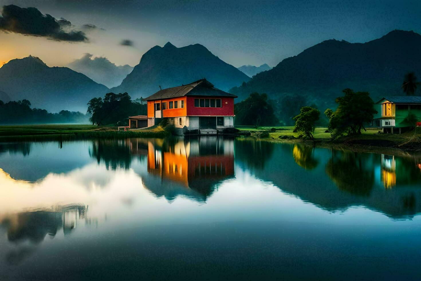 a house in the mountains with a lake and mountains in the background. AI-Generated photo
