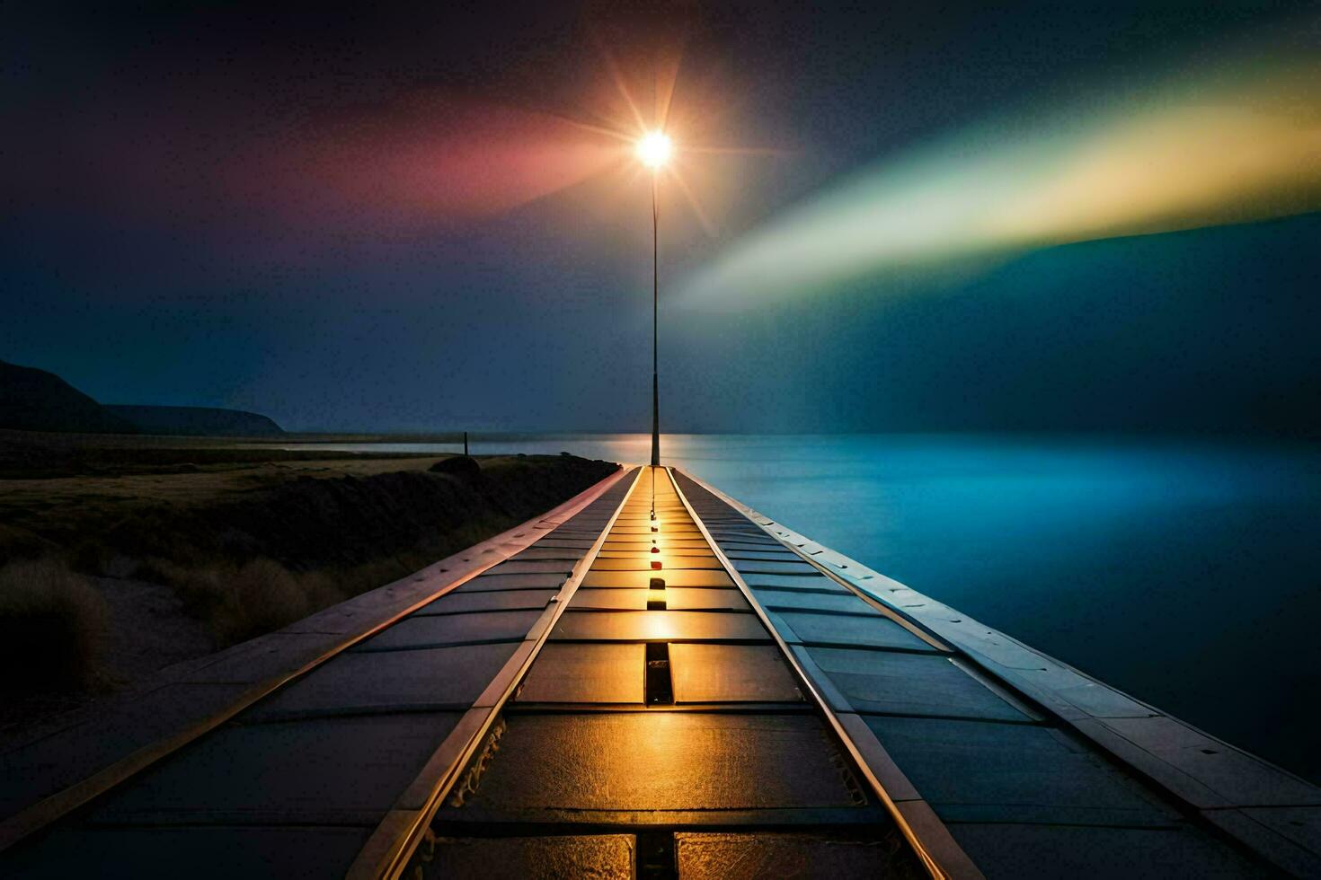 a long pier with a light shining on it at night. AI-Generated photo