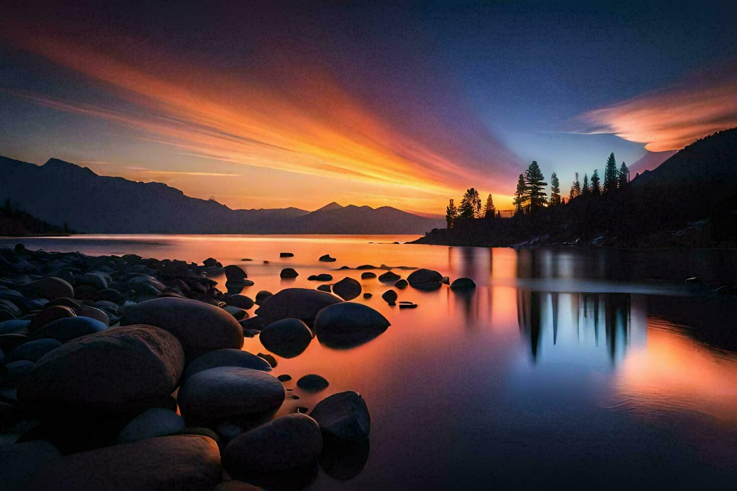 a beautiful sunset over a lake with rocks and trees. AI-Generated photo