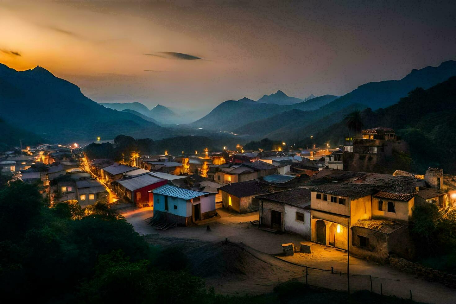 un pueblo a oscuridad en el montañas. generado por ai foto