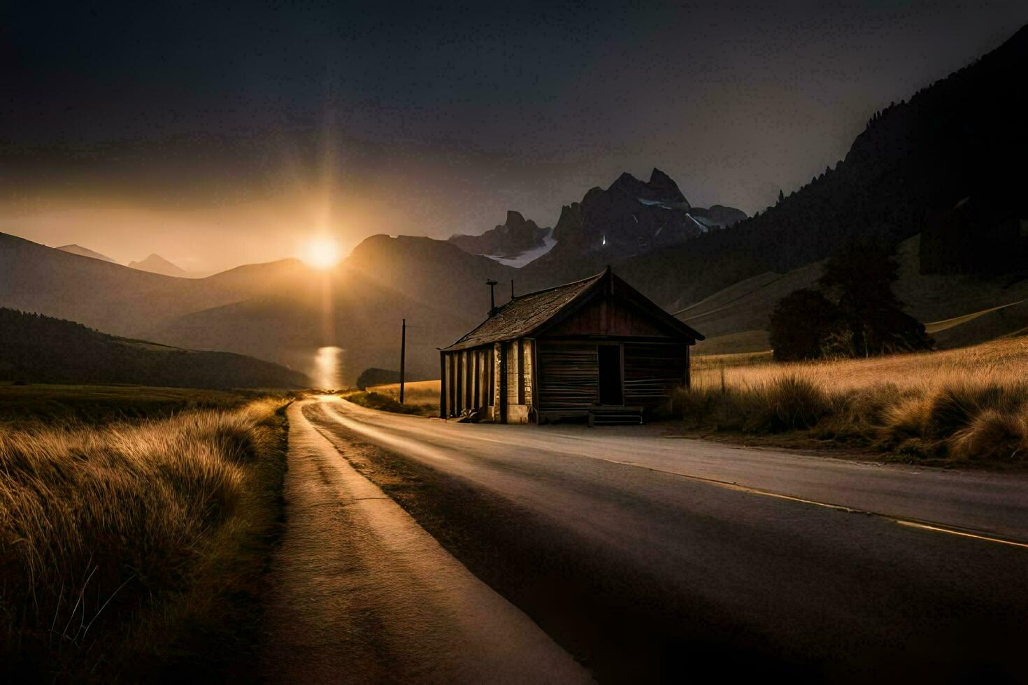 un pequeño cabina en el lado de un la carretera en el montañas. generado por ai foto