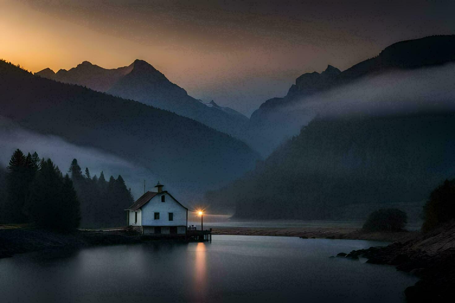 a small house sits on the shore of a lake surrounded by mountains. AI-Generated photo