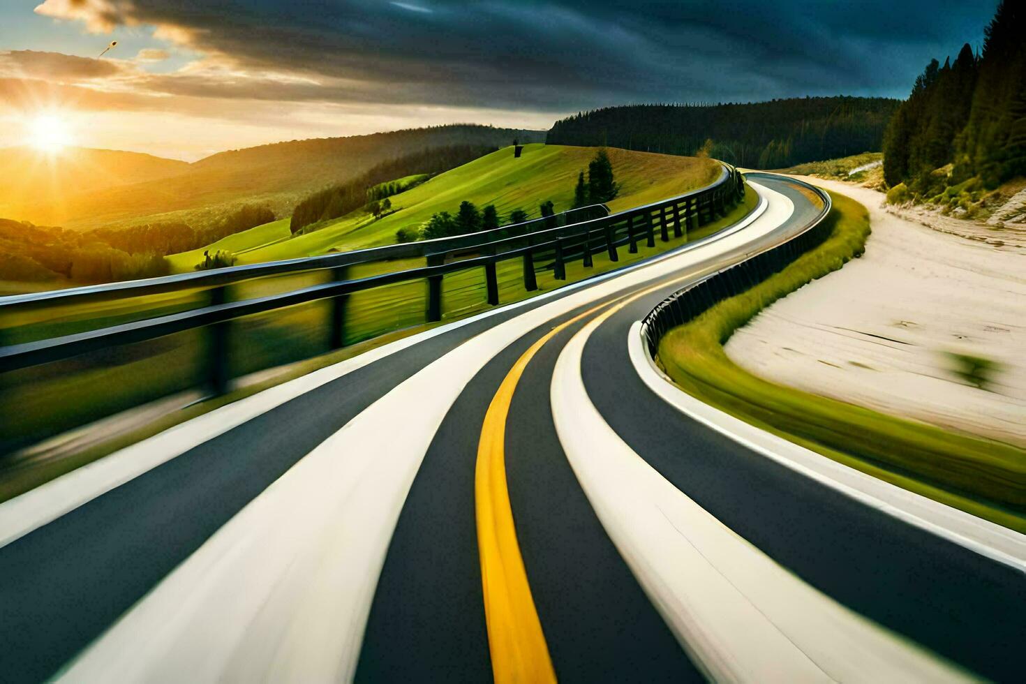 a road with a curve in the middle of the road. AI-Generated photo