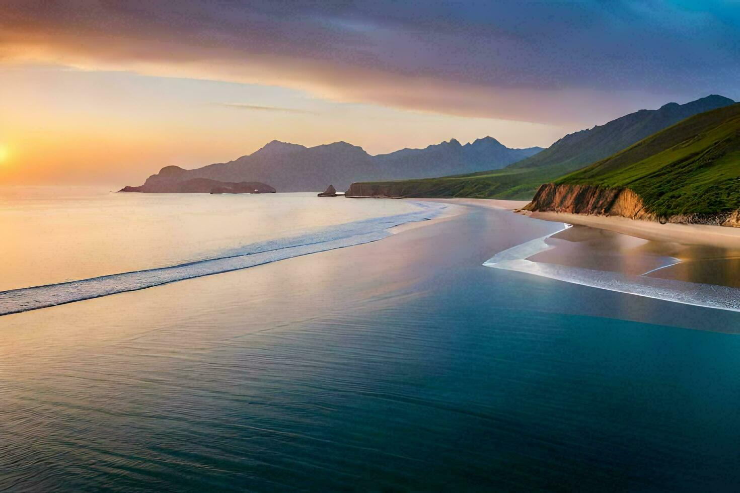 el Dom conjuntos terminado un playa y montañas. generado por ai foto