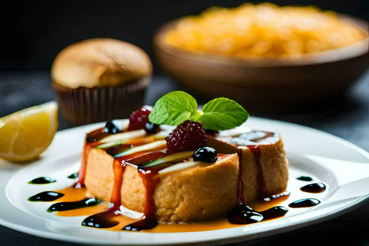 a dessert on a plate with berries and syrup. AI-Generated photo