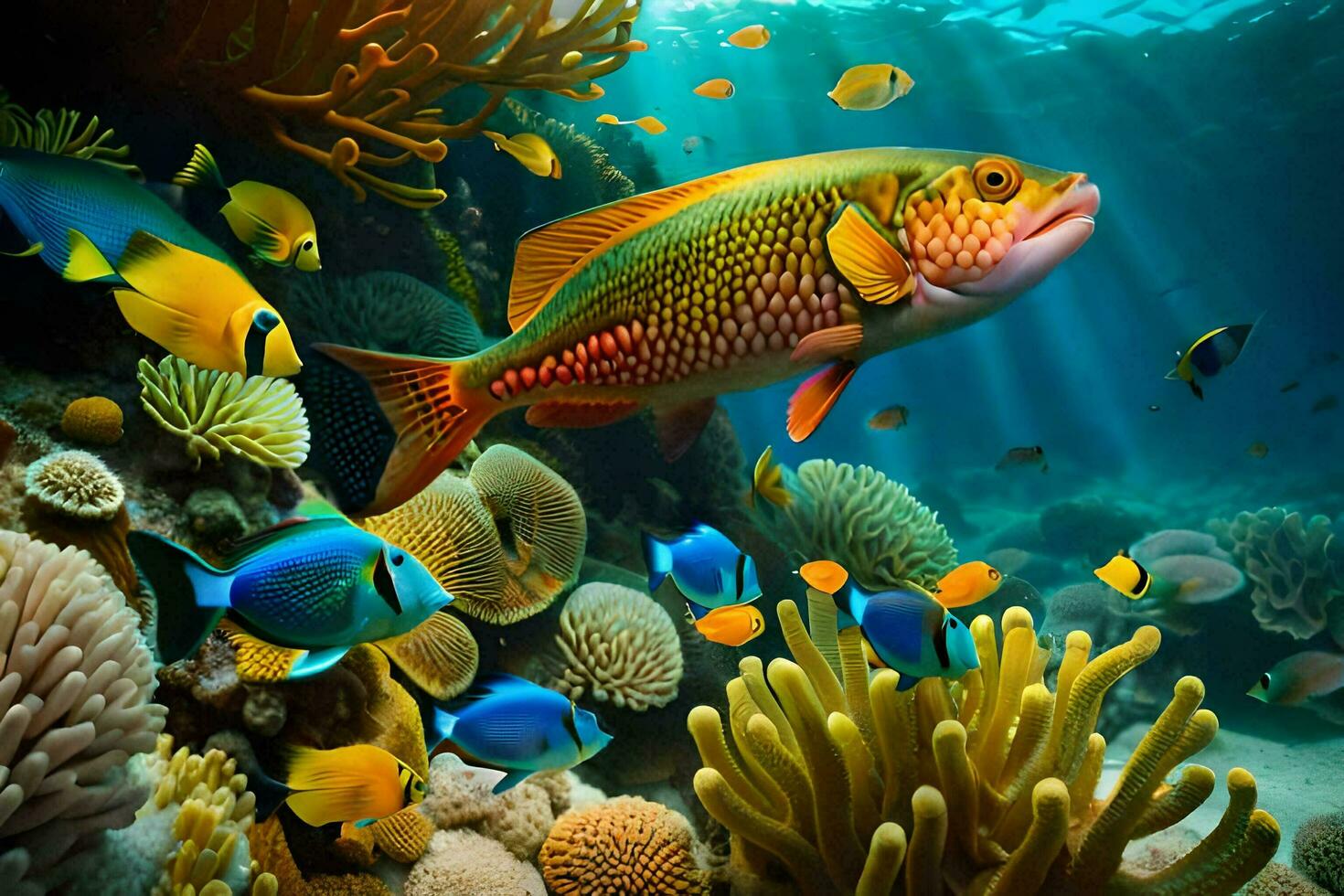 a colorful fish swims over a coral reef with other fish. AI-Generated photo