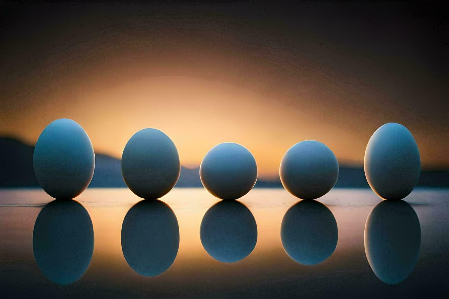 five eggs are reflected in the water at sunset. AI-Generated photo