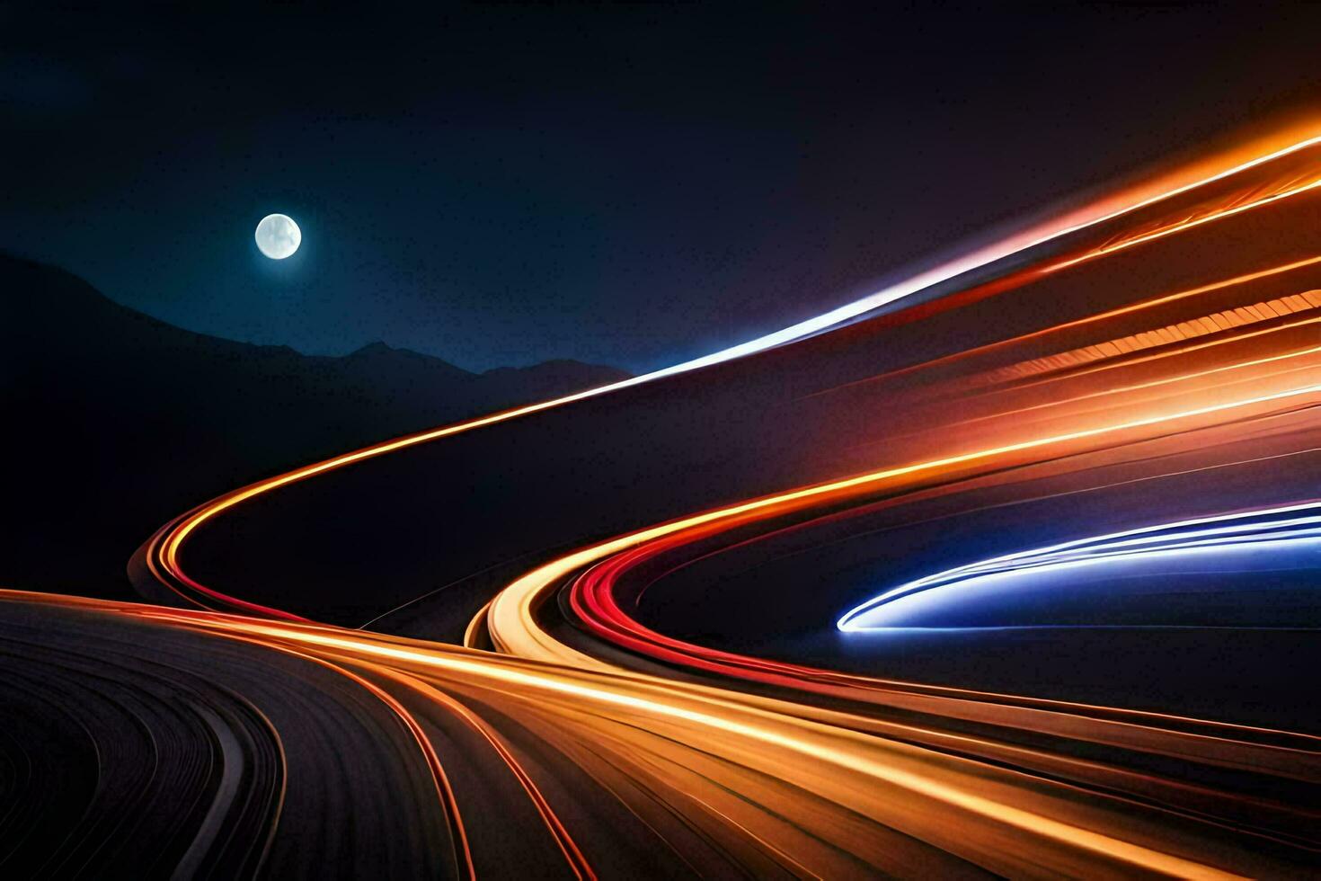 light trails on the road at night. AI-Generated photo