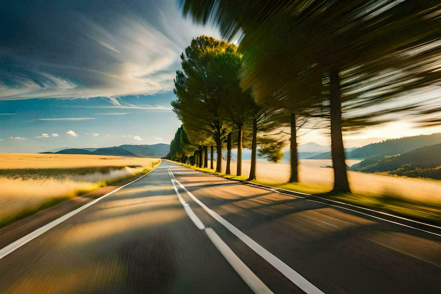 un largo, vacío la carretera con arboles en el distancia. generado por ai foto