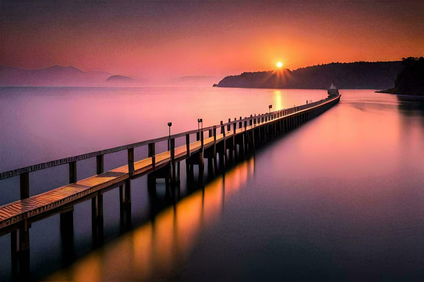 a long exposure photograph of a pier at sunset. AI-Generated photo