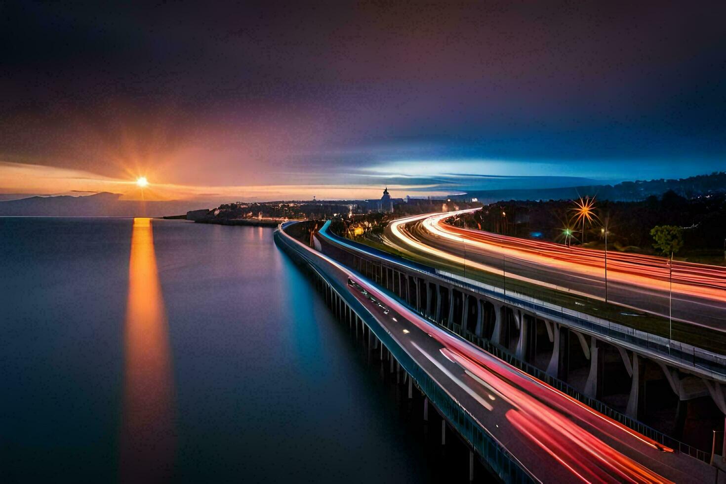 a long exposure photo of a bridge at sunset. AI-Generated
