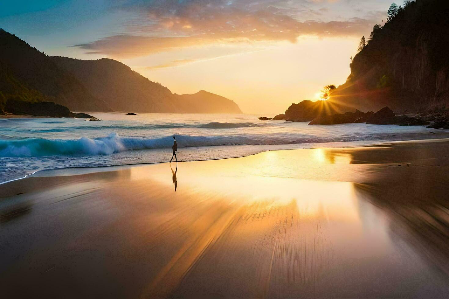 a person walking on the beach at sunset. AI-Generated photo