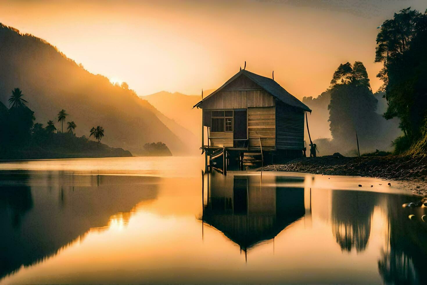 el casa en el lago. generado por ai foto