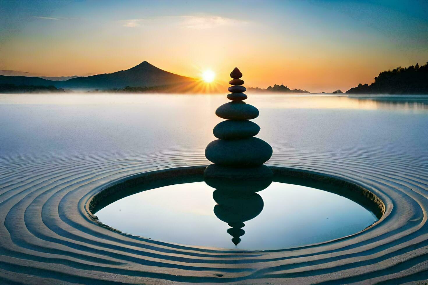 a stone tower in the middle of a lake with a sun setting behind it. AI-Generated photo