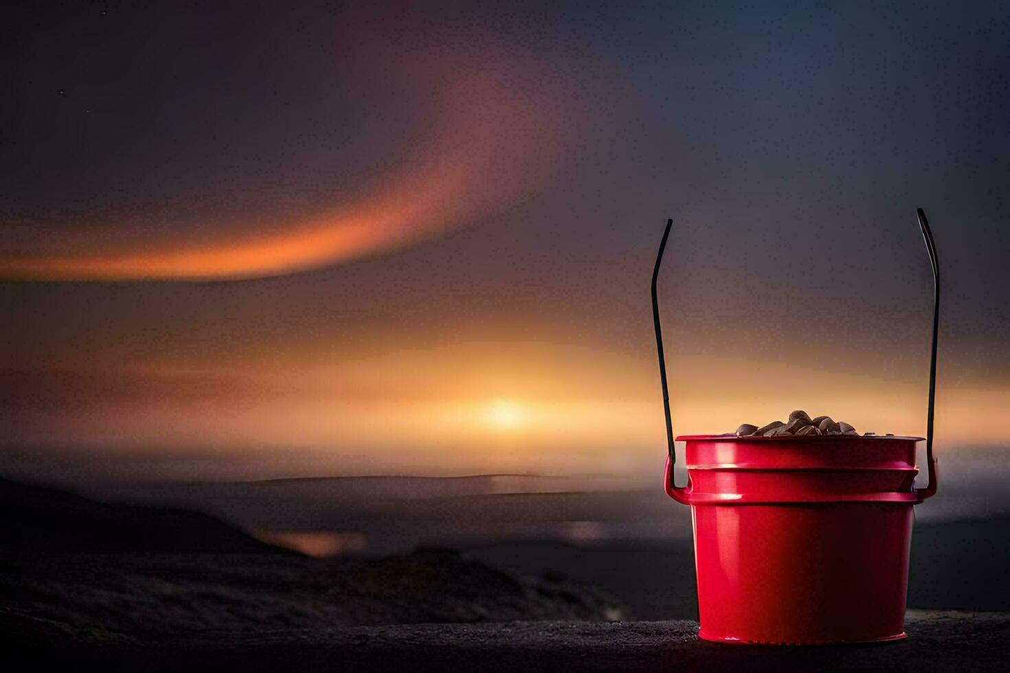 a red bucket with a hole in the top and a hole in the bottom. AI-Generated photo