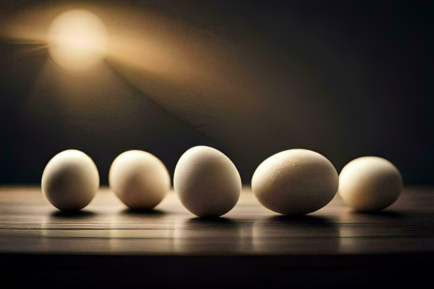 five eggs on a table with a light shining on them. AI-Generated photo