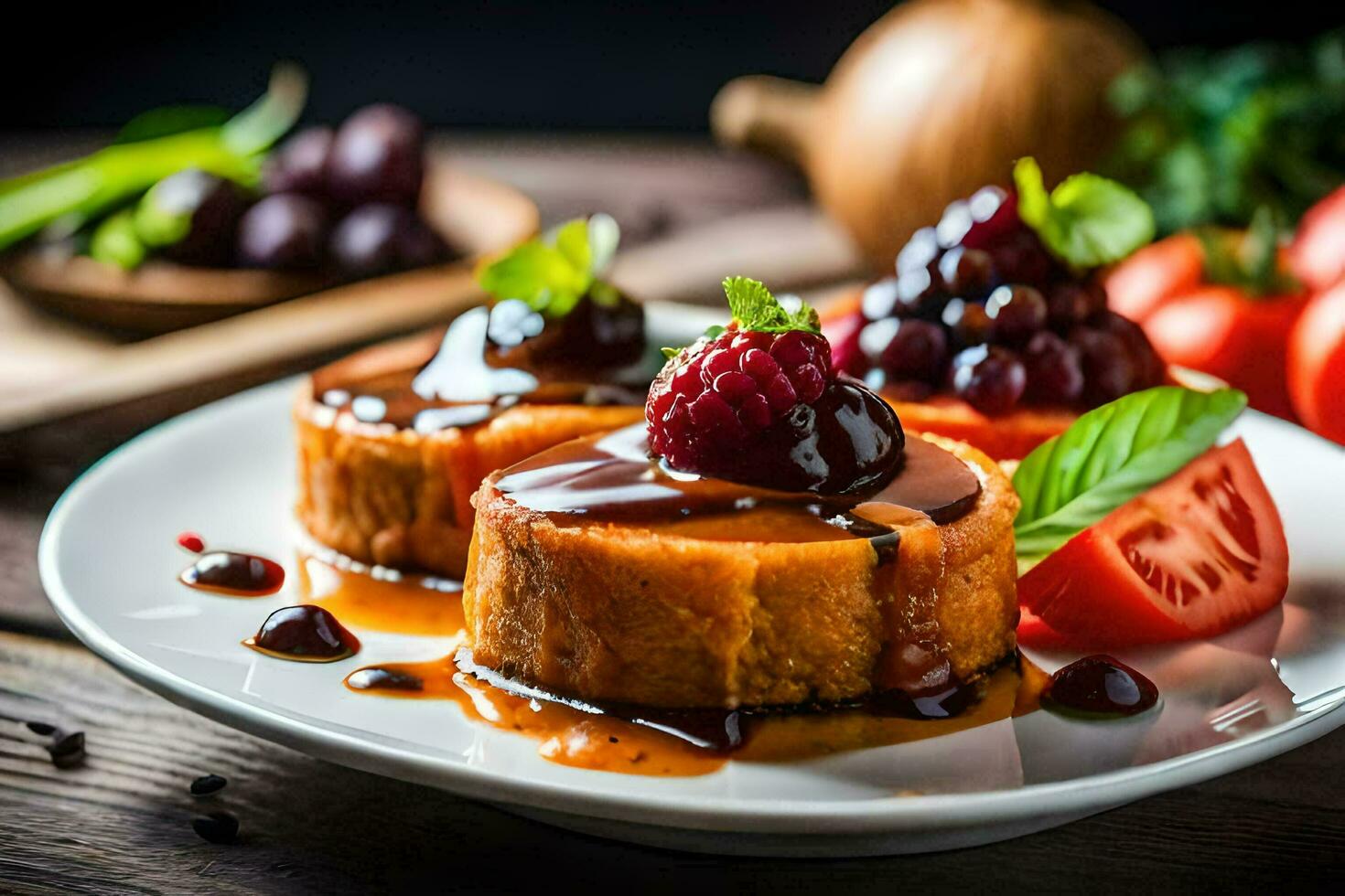 three cakes with fruit and syrup on a plate. AI-Generated photo