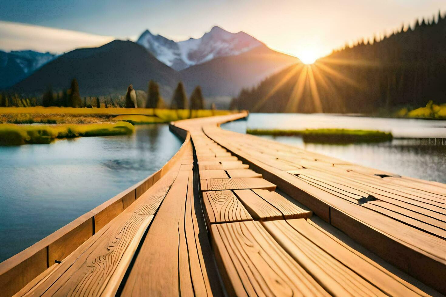 a wooden boardwalk leads to a lake and mountains. AI-Generated photo