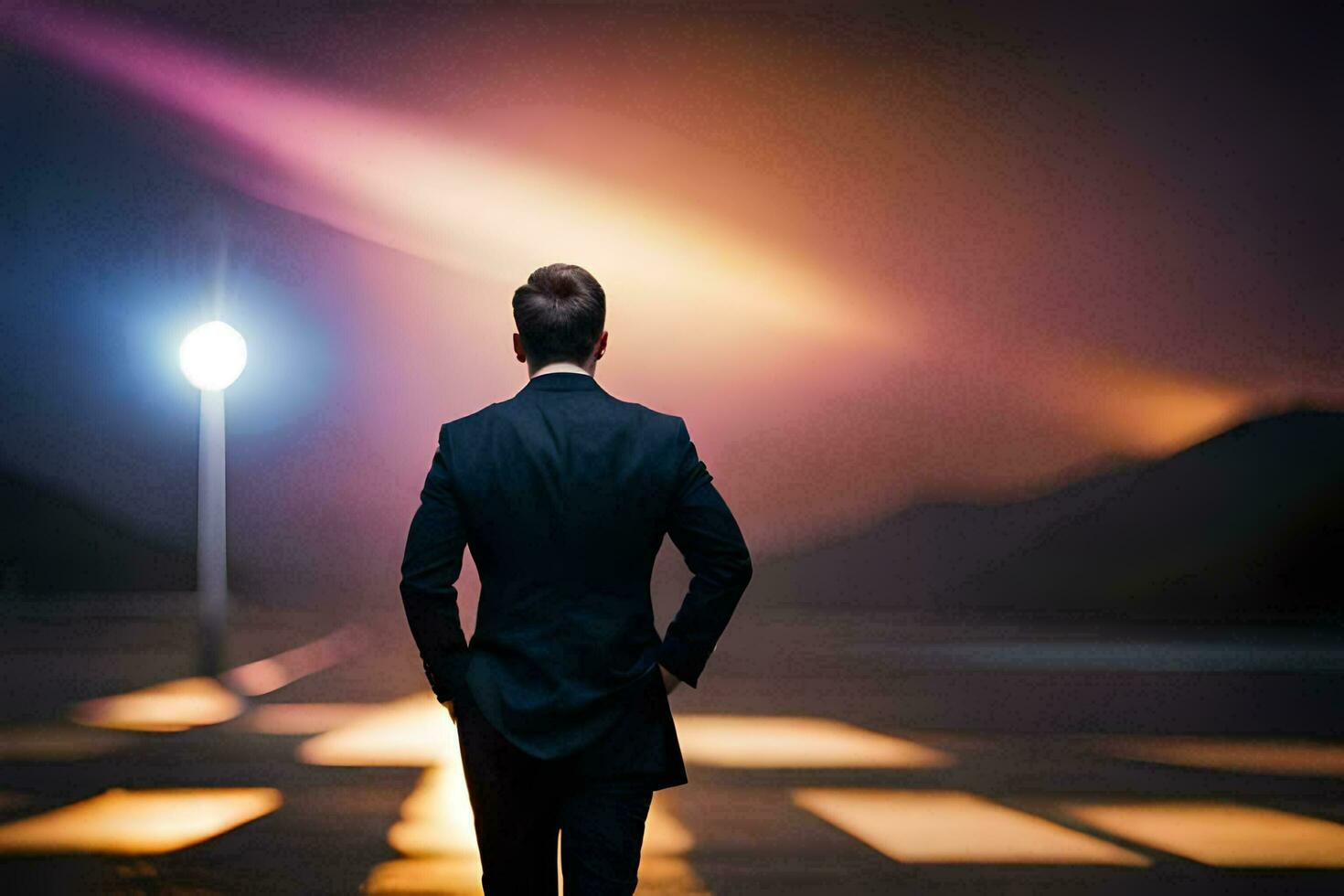 a man in a suit is walking on a road at night. AI-Generated photo