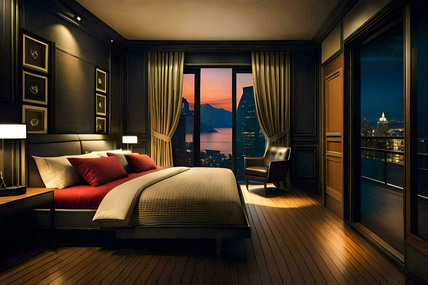 a bedroom with a view of the city at night. AI-Generated photo