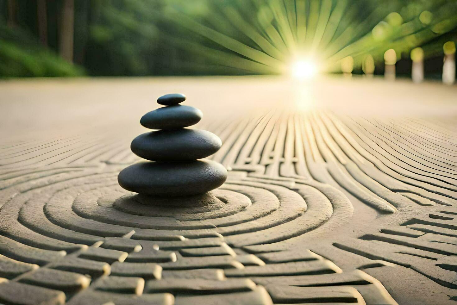 a stack of stones on a path in front of a sun. AI-Generated photo