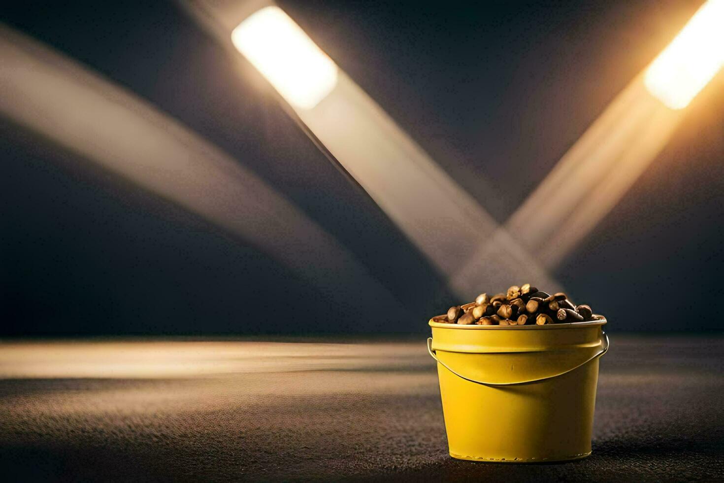 a bucket of popcorn on a table in front of a spotlight. AI-Generated photo