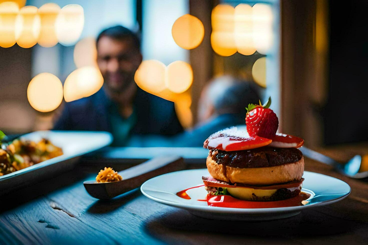 a plate of food sitting on a table with a man in the background. AI-Generated photo