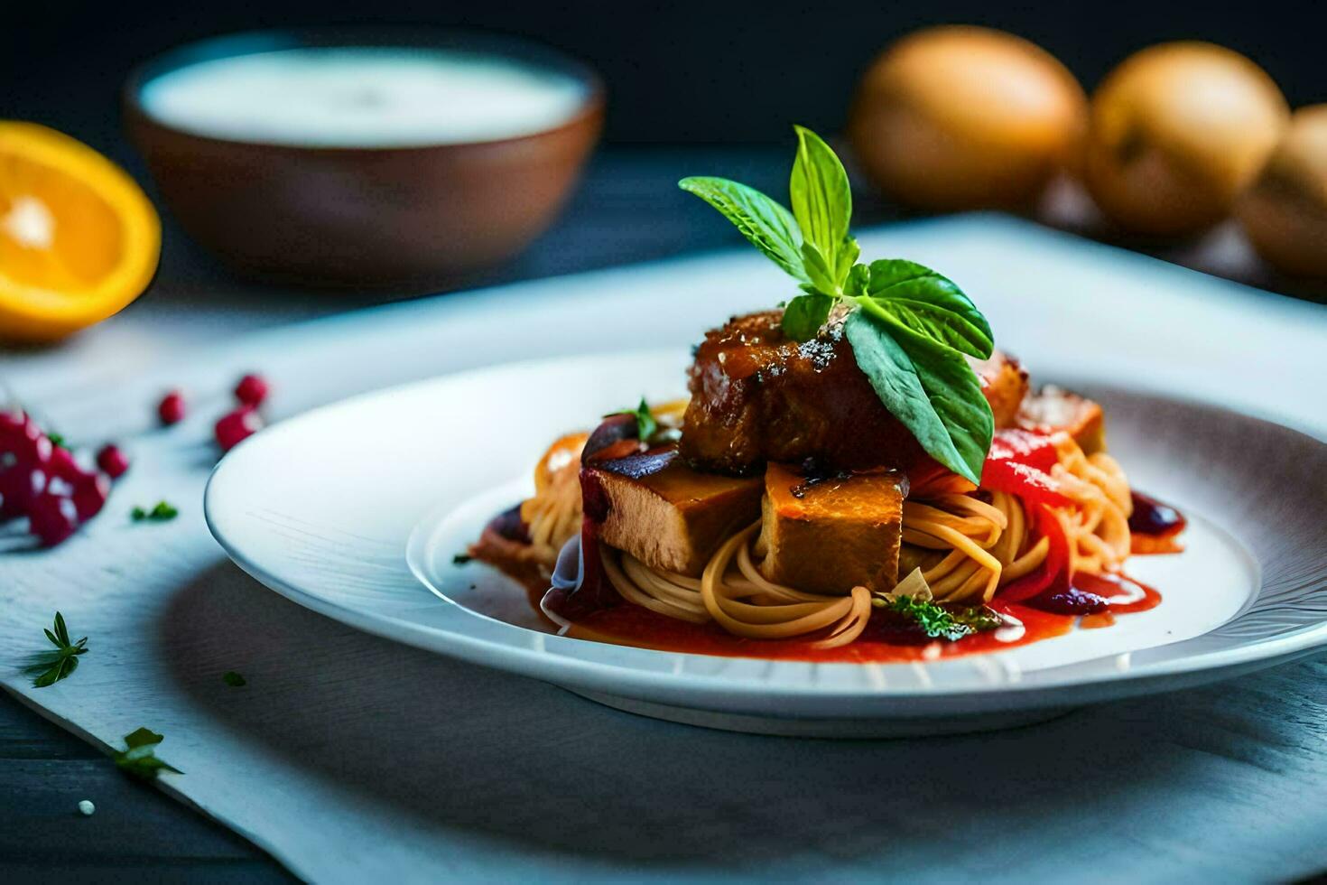 the food is served on a plate with a fork and spoon. AI-Generated photo