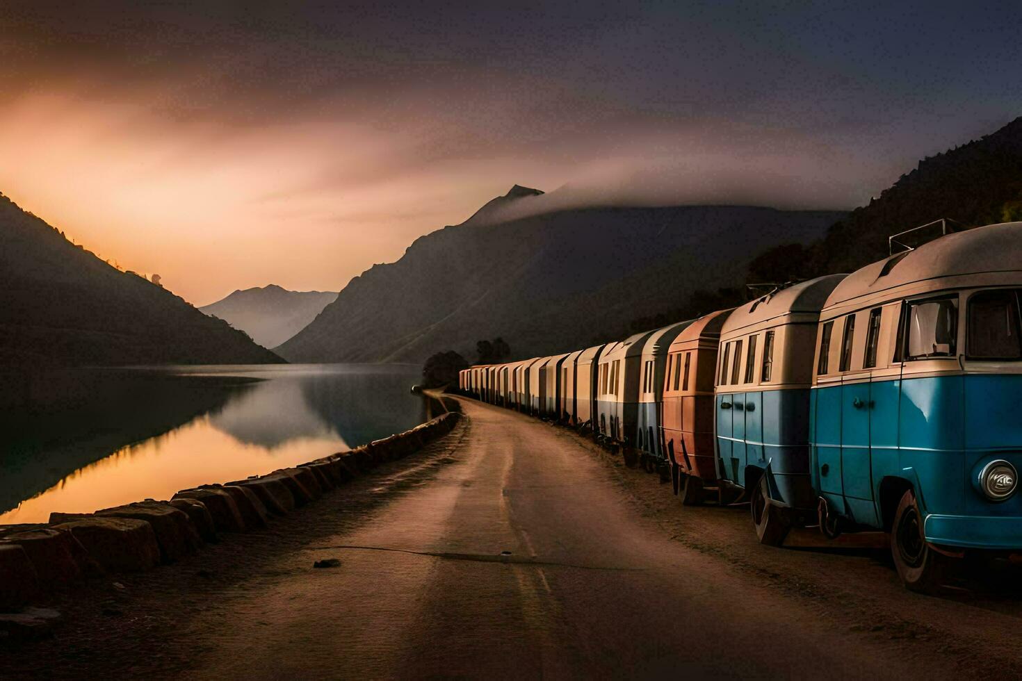 a bus is parked next to a lake at sunset. AI-Generated photo