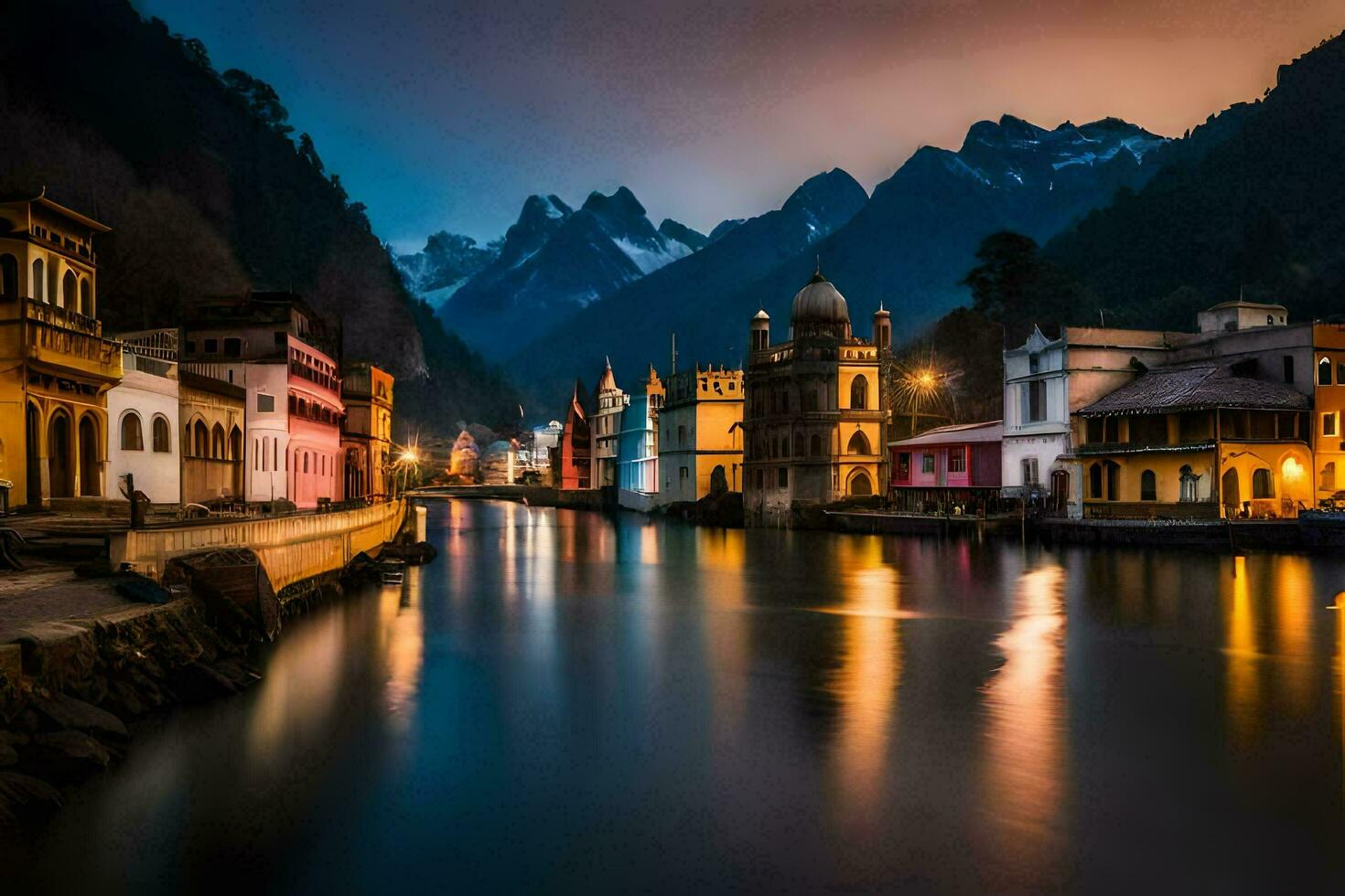 a river in the mountains at night with buildings and mountains in the background. AI-Generated photo