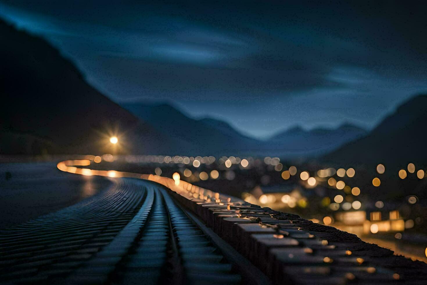 a long train track with lights on it at night. AI-Generated photo
