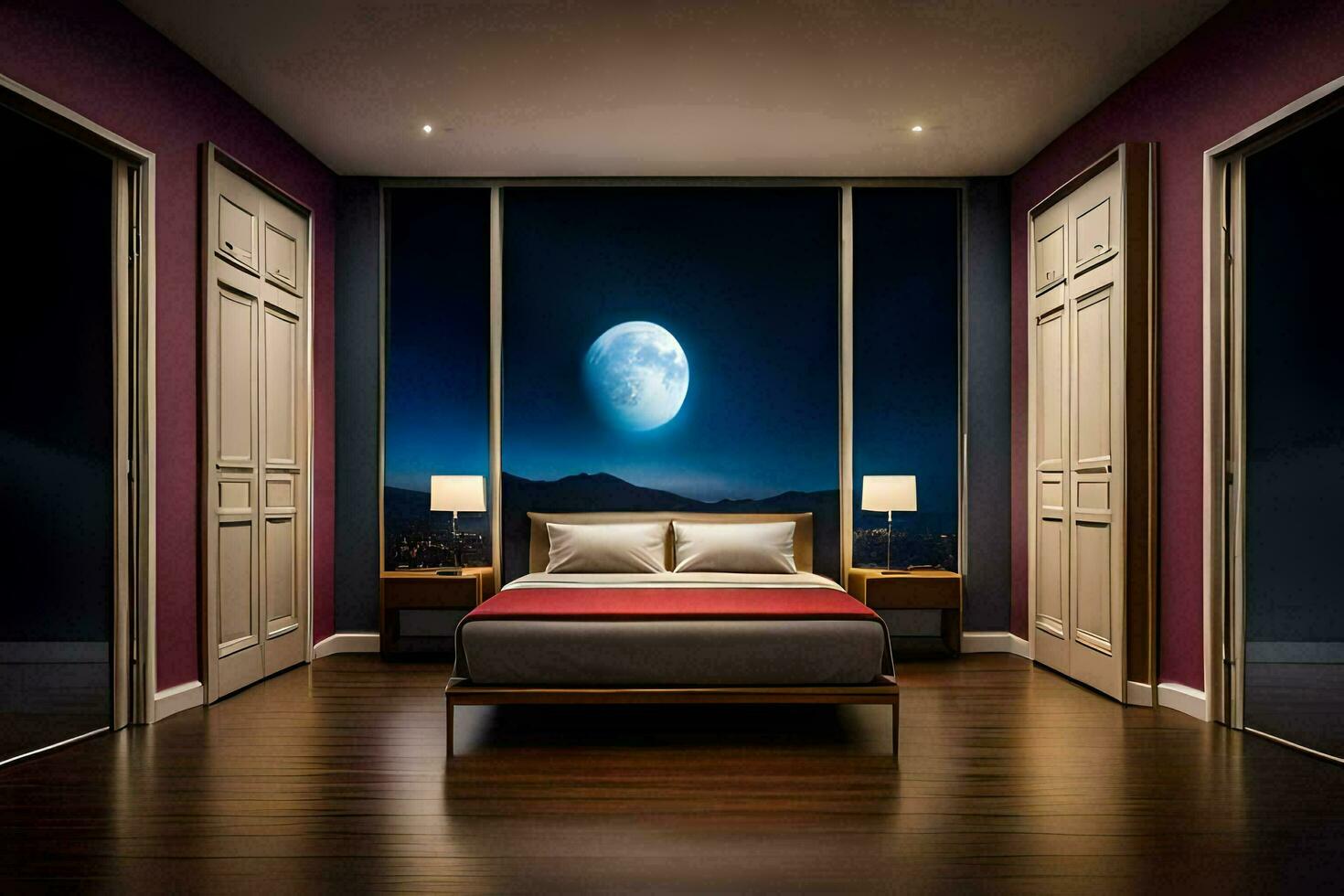 a bedroom with a full moon in the sky. AI-Generated photo