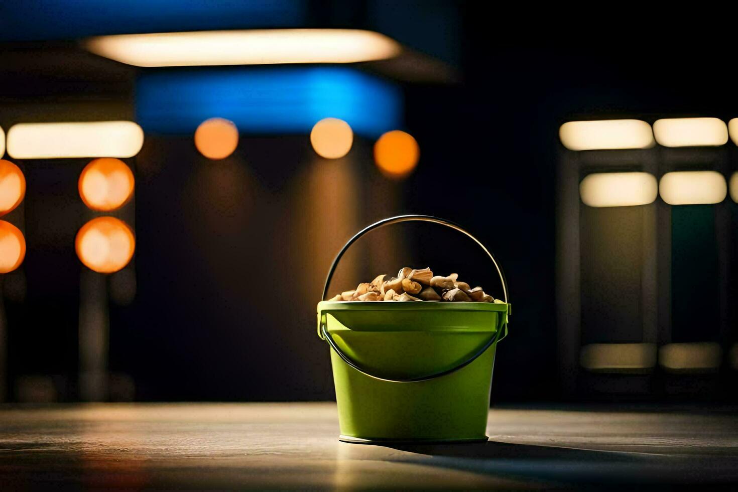 a bucket of nuts on a table in front of a light. AI-Generated photo