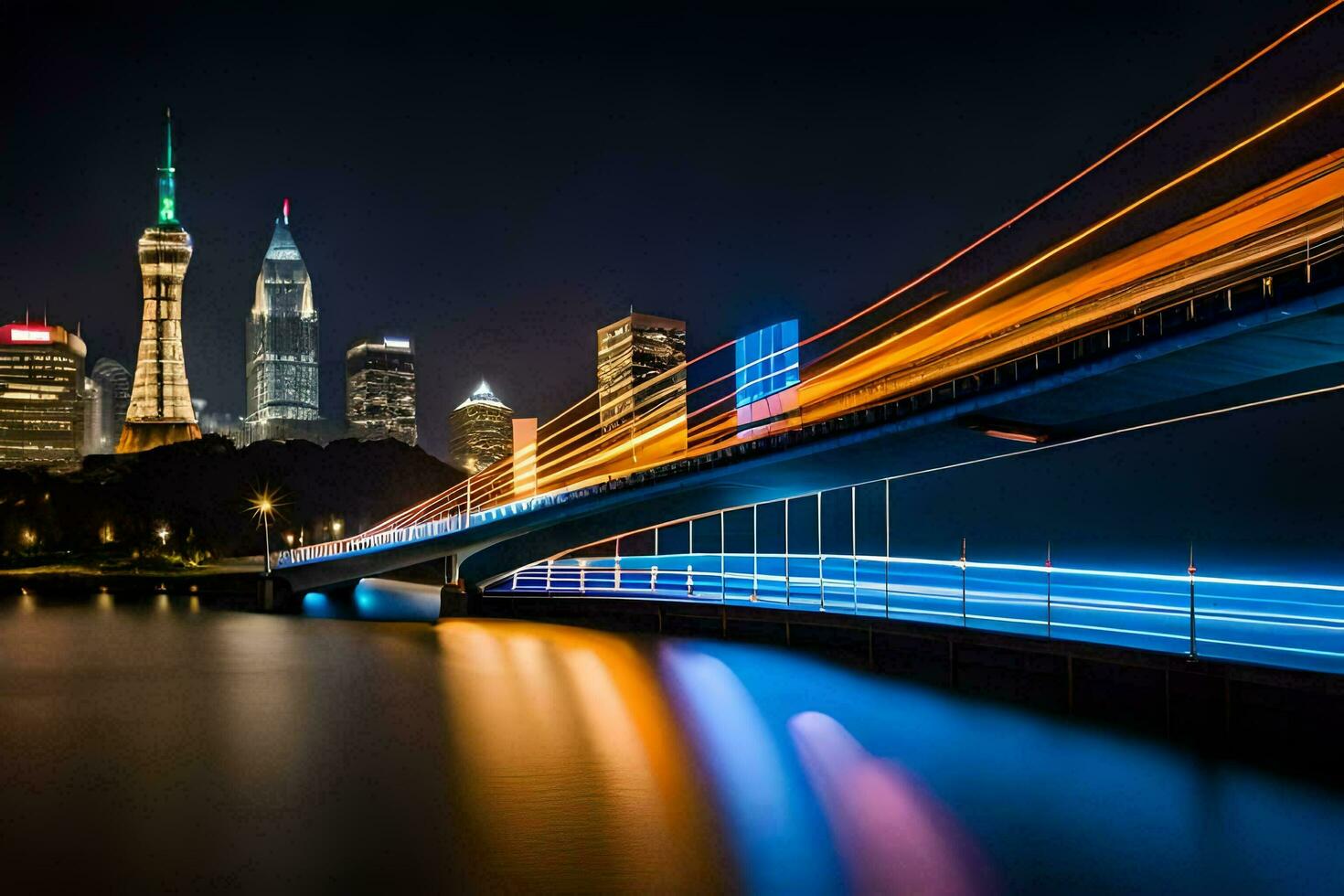 el ciudad horizonte a noche con luces en el puente. generado por ai foto