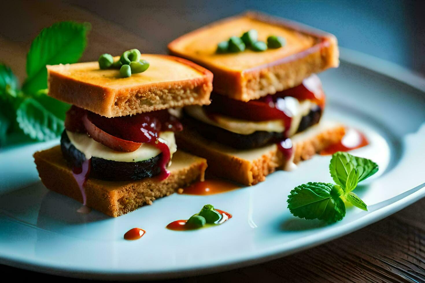 two sandwiches on a plate with green peas. AI-Generated photo