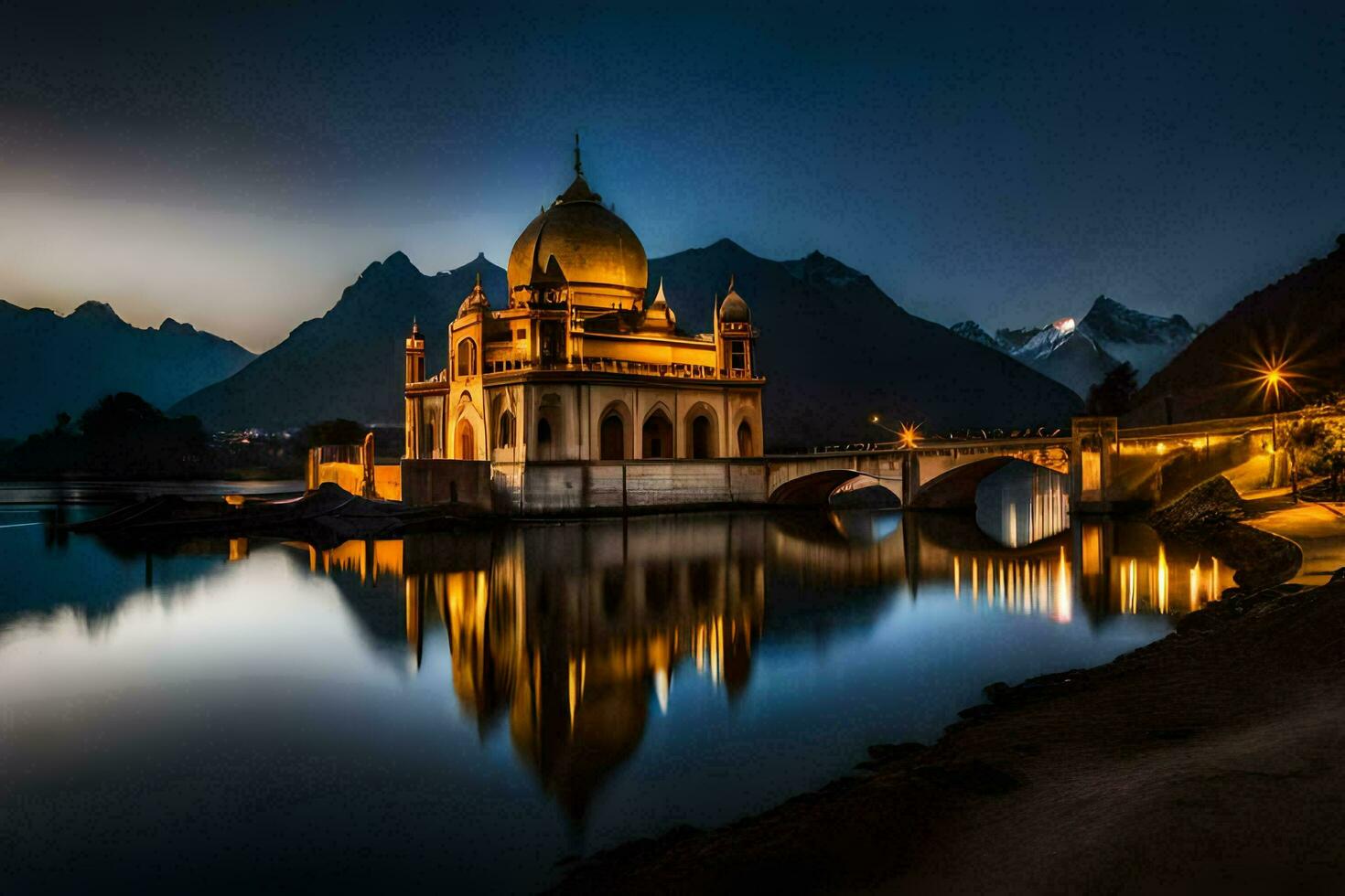 el mezquita es iluminado arriba a noche en el montañas. generado por ai foto