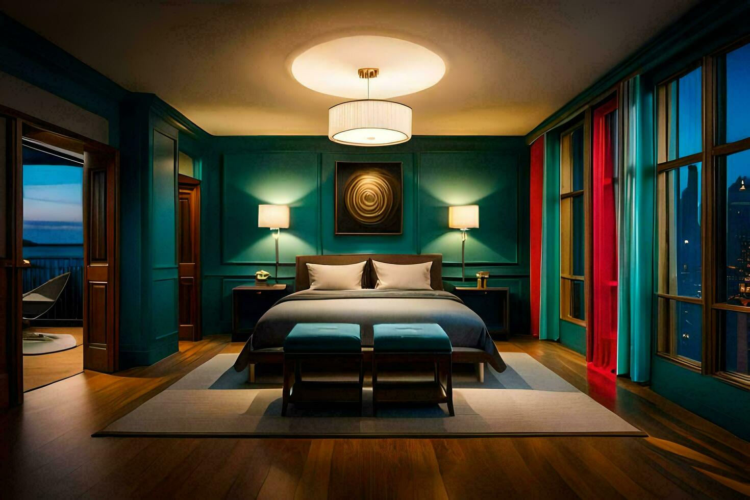 un dormitorio con un azul y verde color esquema. generado por ai foto